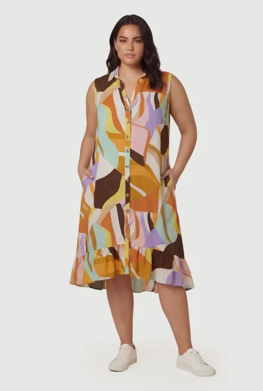 Plus Size Sleeveless Patterned Ruffle Trim Midi Dress made by Rainbow