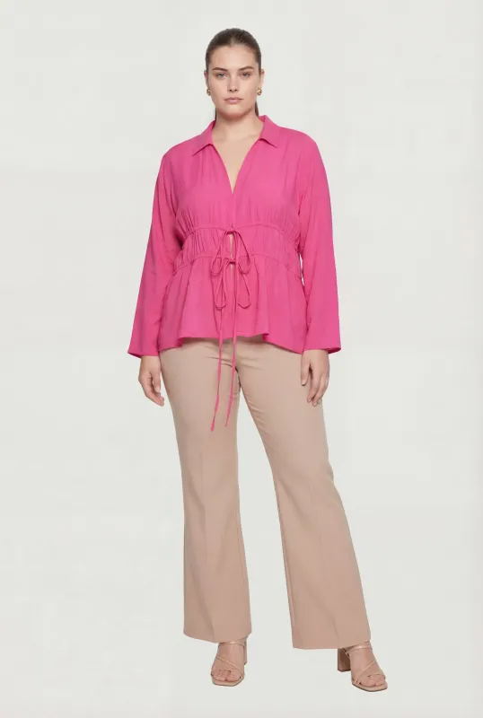 Plus Size Double Tie Front Collared Long Sleeve Blouse made by Rainbow