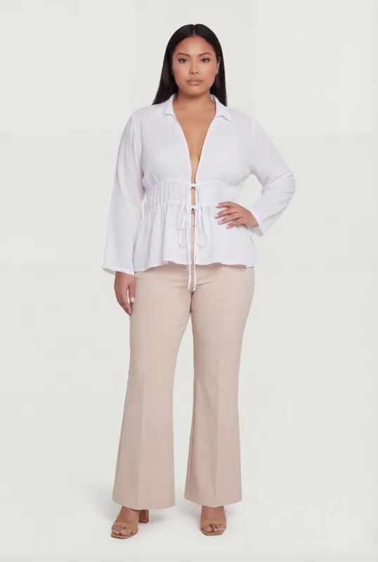 Plus Size Double Tie Front Collared Long Sleeve Blouse made by Rainbow