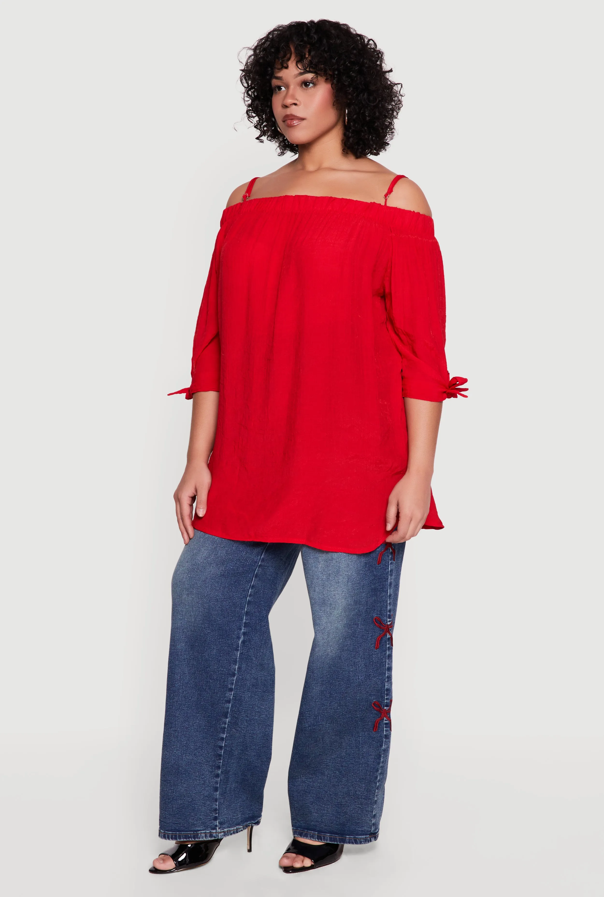 Plus Size Cold Shoulder Top with Tie Sleeves sold by Rainbow product image thumbnail 3