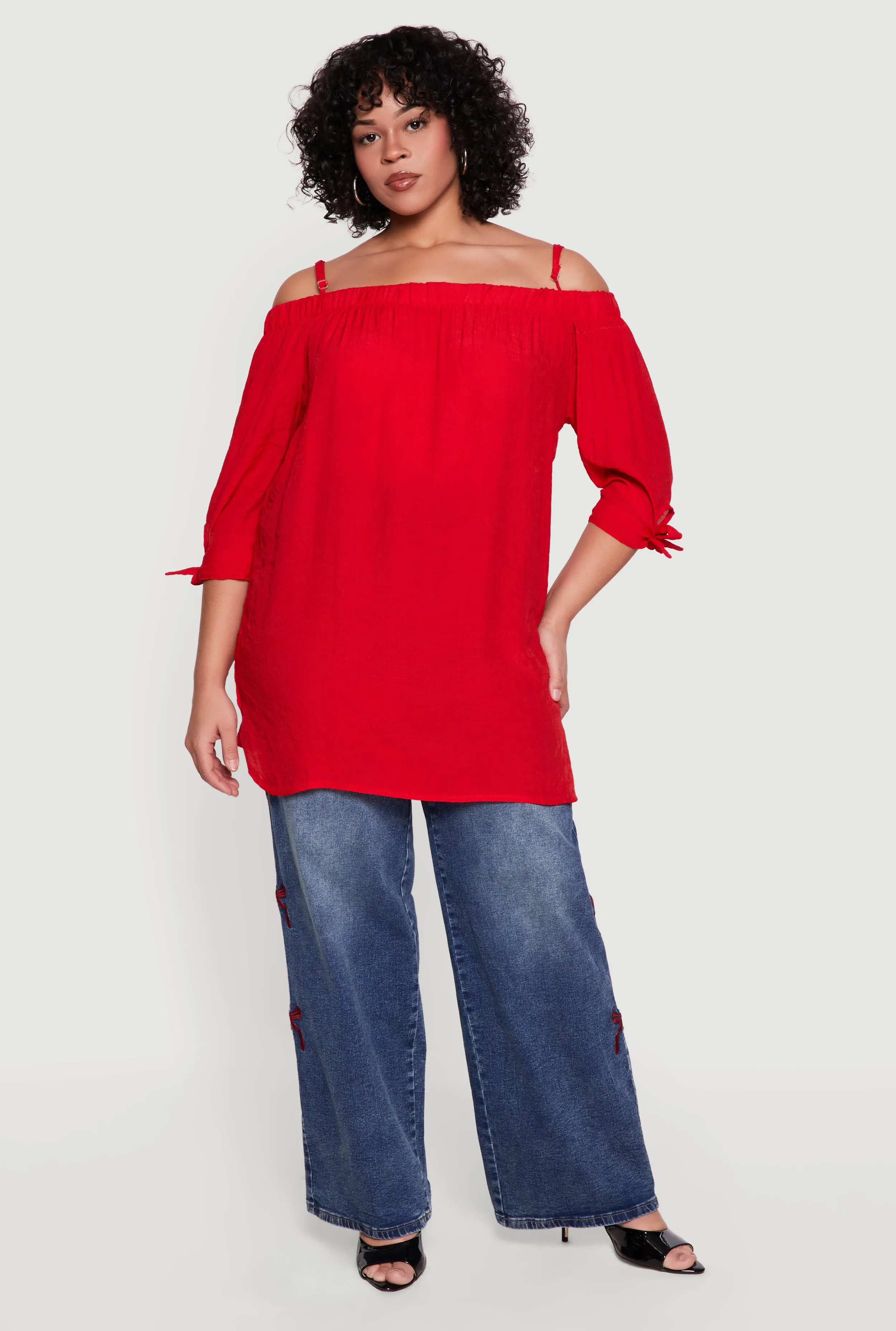 Plus Size Cold Shoulder Top with Tie Sleeves sold by Rainbow