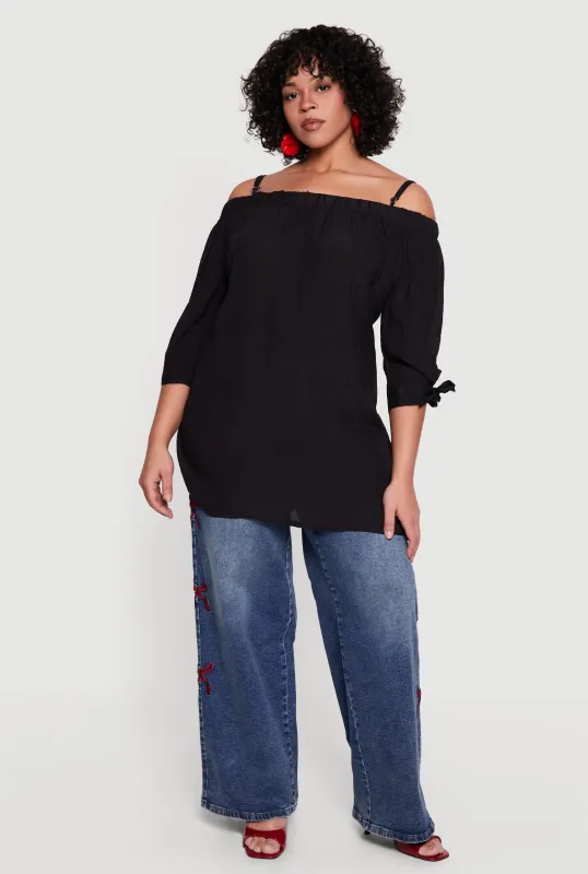 Plus Size Cold Shoulder Top with Tie Sleeves made by Rainbow