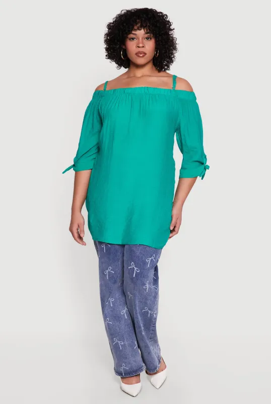 Plus Size Cold Shoulder Top with Tie Sleeves made by Rainbow