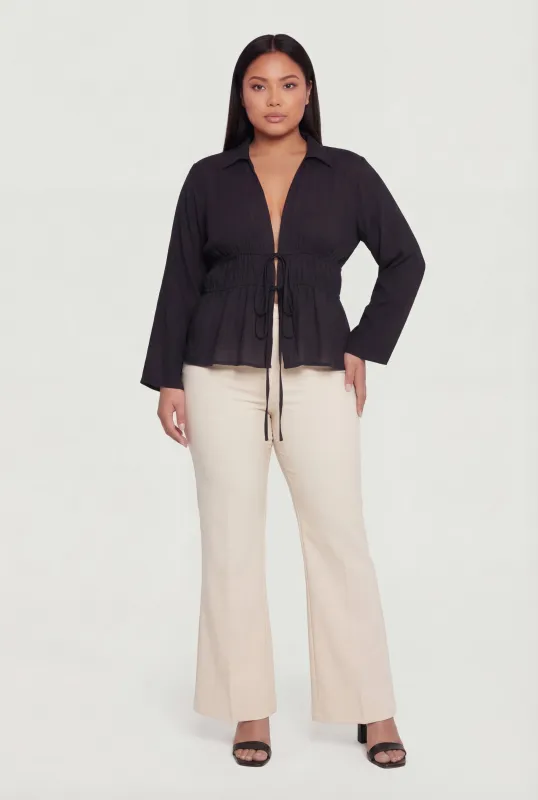 Plus Size Double Tie Front Collared Long Sleeve Blouse made by Rainbow