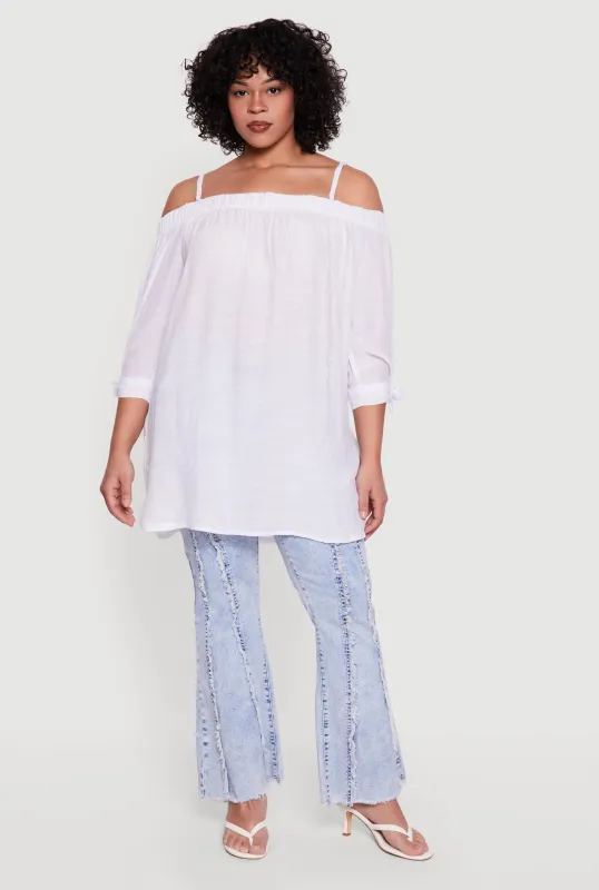 Plus Size Cold Shoulder Top with Tie Sleeves made by Rainbow