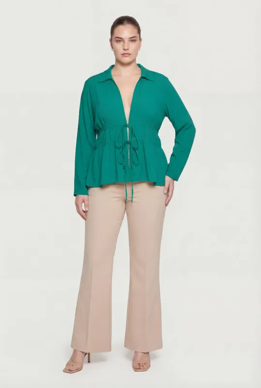 Plus Size Double Tie Front Collared Long Sleeve Blouse made by Rainbow