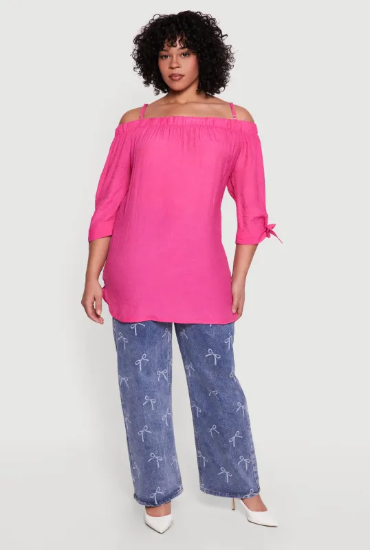 Plus Size Cold Shoulder Top with Tie Sleeves made by Rainbow