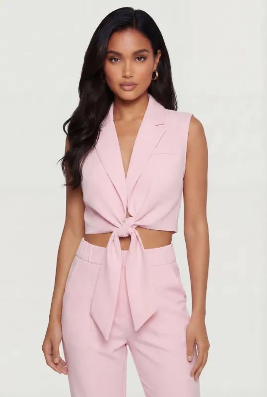 Sleeveless Tie Front Collared Crop Top made by Rainbow