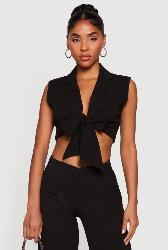 Sleeveless Tie Front Collared Crop Top made by Rainbow