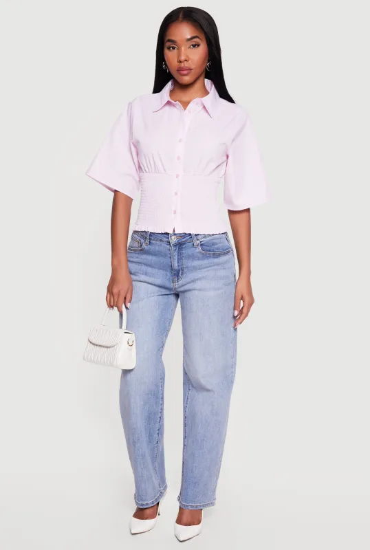 Smocked Waist Striped Button Front Blouse made by Rainbow