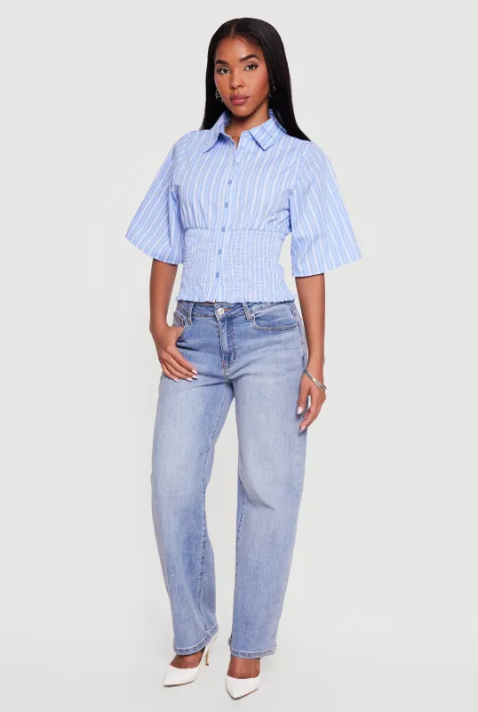 Smocked Waist Striped Button Front Blouse made by Rainbow