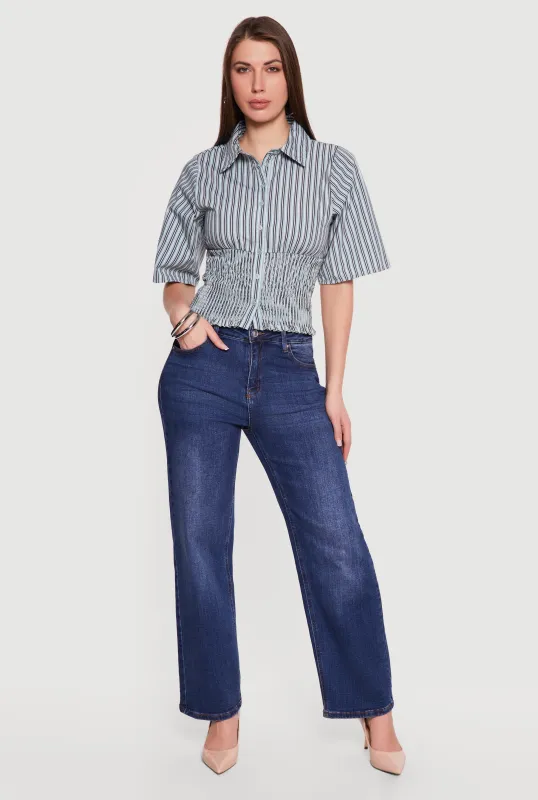 Smocked Waist Striped Button Front Blouse made by Rainbow