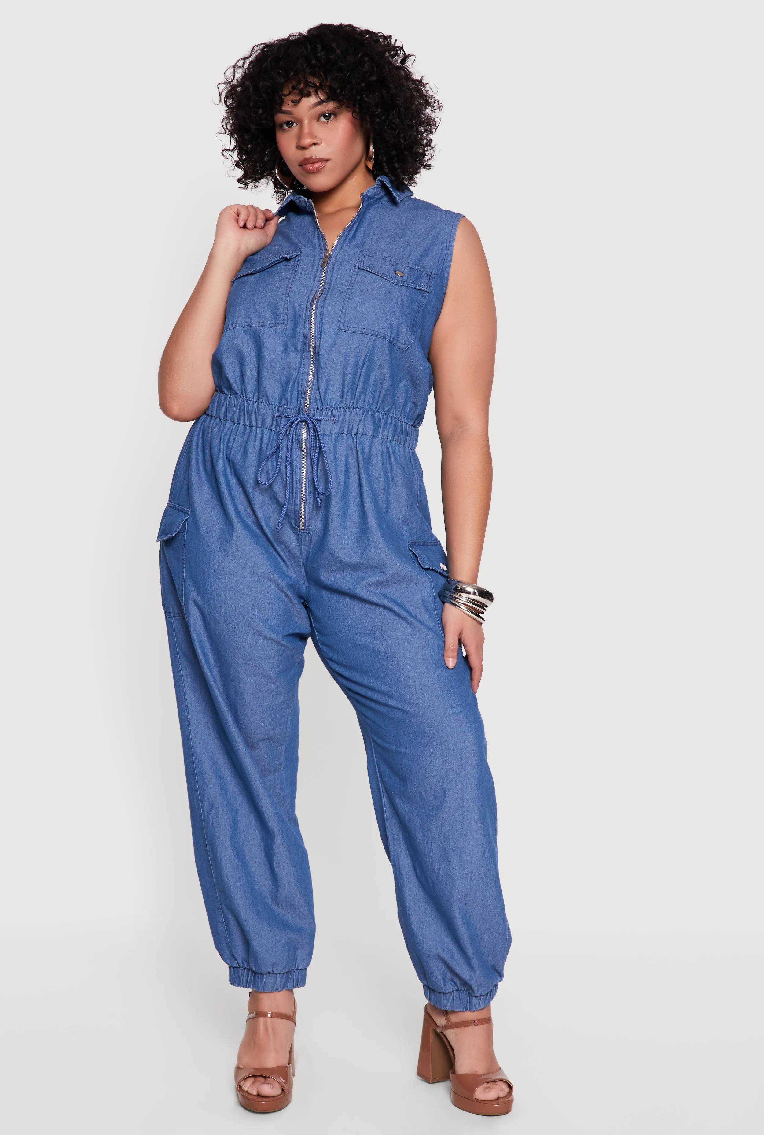 Plus Size Chambray Collared Zip Front Jumpsuit sold by Rainbow product image thumbnail 2