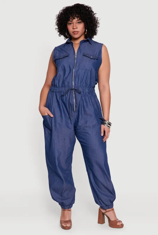 Plus Size Chambray Collared Zip Front Jumpsuit made by Rainbow