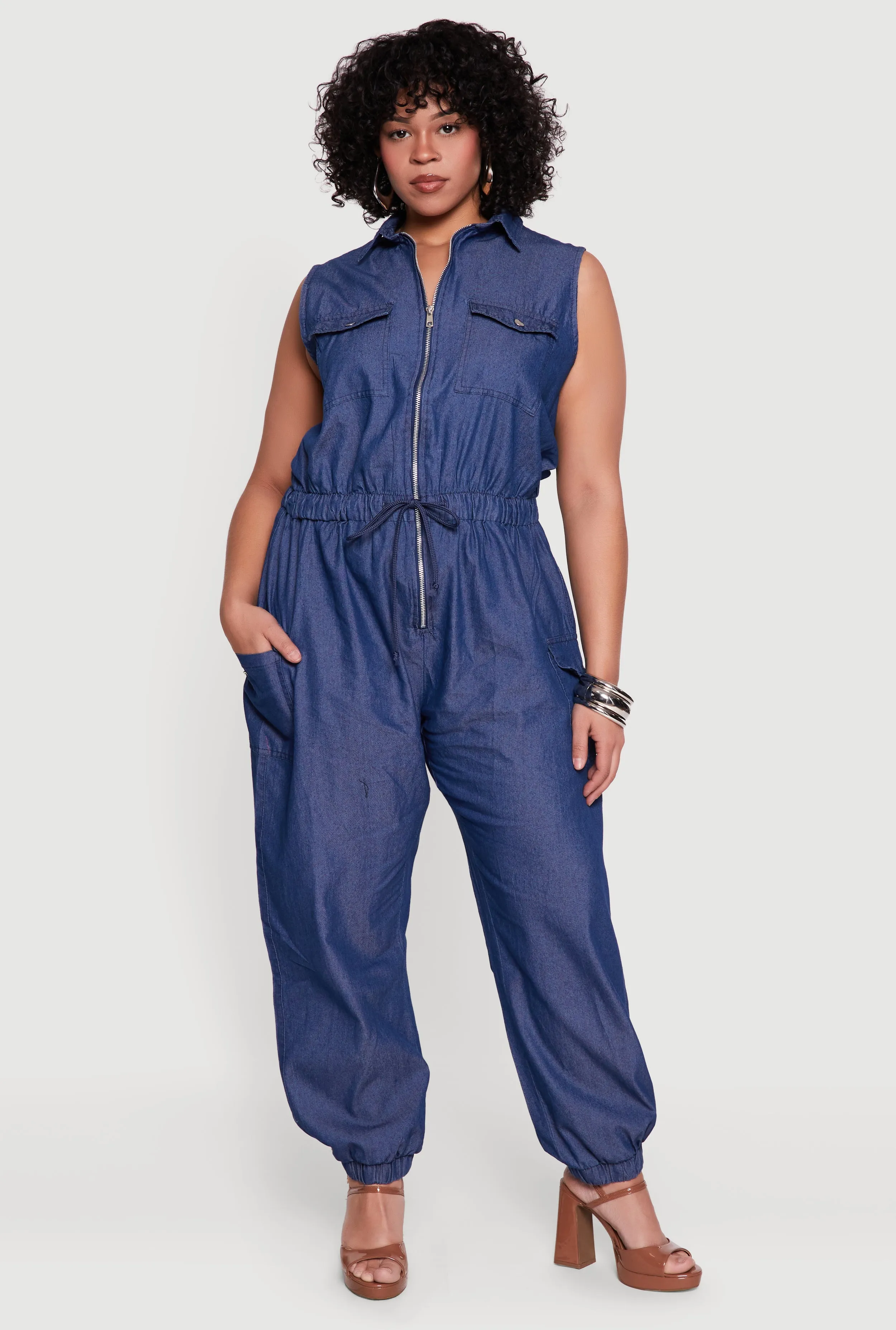 Plus Size Chambray Collared Zip Front Jumpsuit sold by Rainbow