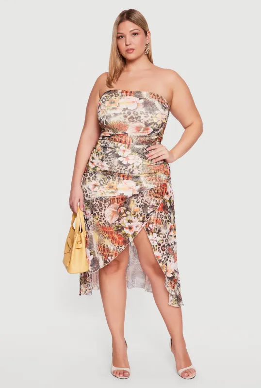 Plus Size Floral Mesh Ruched Side Tube Dress made by Rainbow