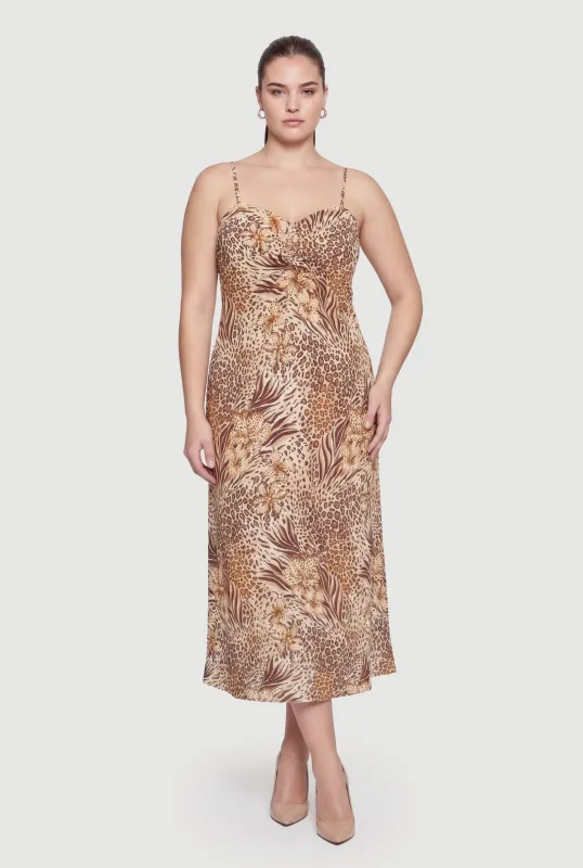 Plus Size Floral Animal Print Sleeveless Midi Dress made by Rainbow