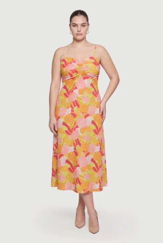Plus Size Shell Patterned Ruched Midi Dress made by Rainbow