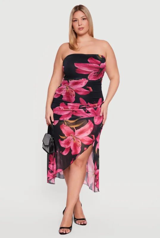Plus Size Floral Mesh Ruched Side Tube Dress made by Rainbow
