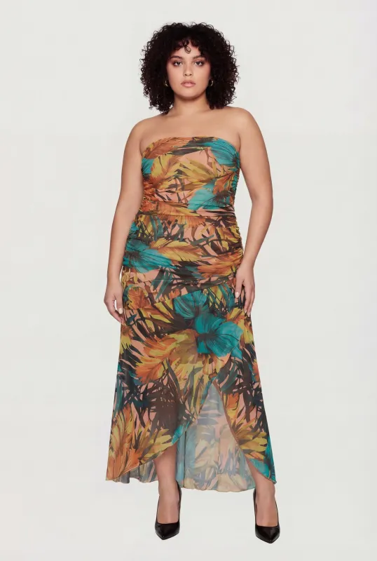 Plus Size Floral Mesh Ruched Side Tube Dress made by Rainbow