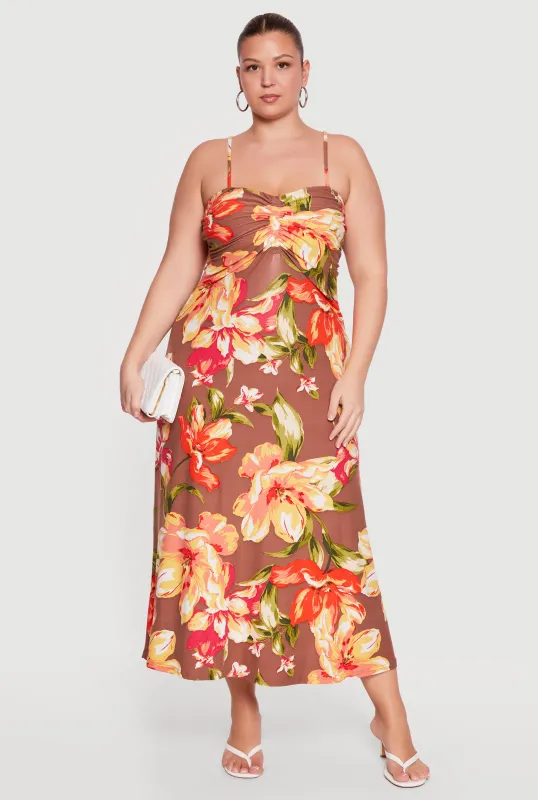 Plus Size Floral Print Ruched Sleeveless Maxi Dress made by Rainbow
