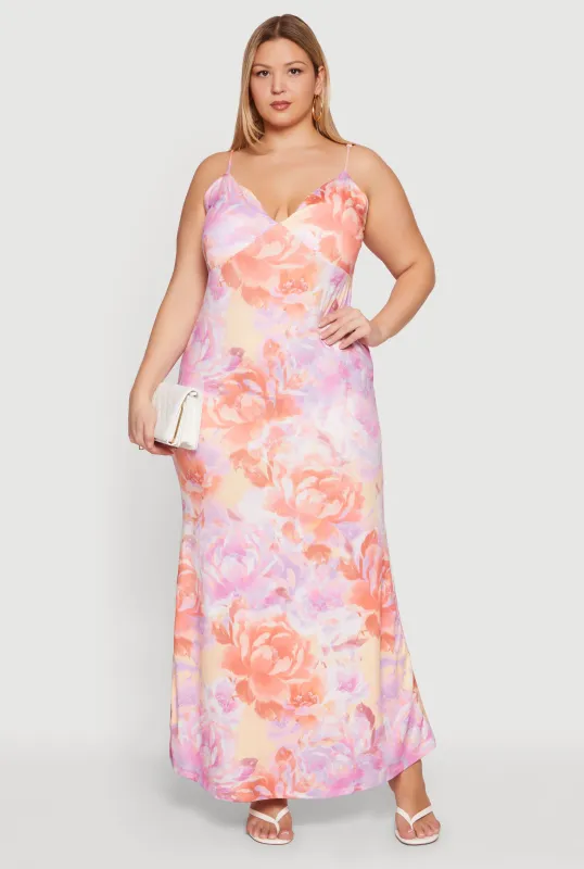 Plus Size Floral Print Sleeveless Maxi Dress made by Rainbow