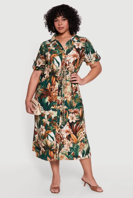 Plus Size Floral Tie Waist Belted Midi Shirt Dress made by Rainbow