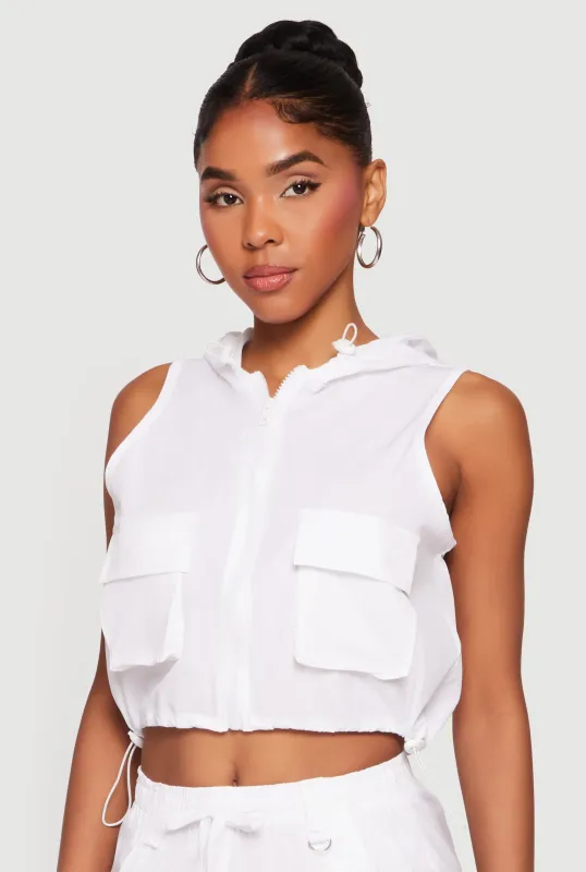 Toggle Drawstring Hem Zip Front Hooded Windbreaker Vest made by Rainbow