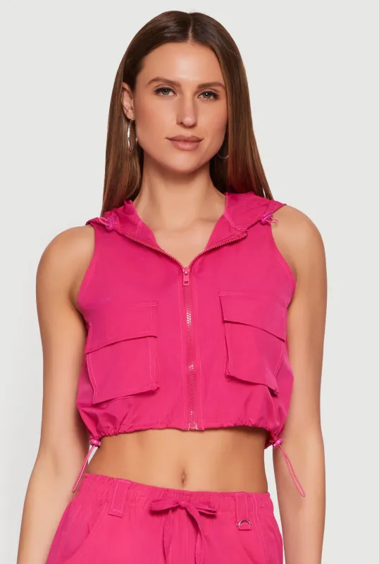 Toggle Drawstring Hem Zip Front Hooded Windbreaker Vest made by Rainbow