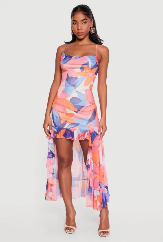 Ruffle Trim High Low Cowl Neck Dress made by Rainbow