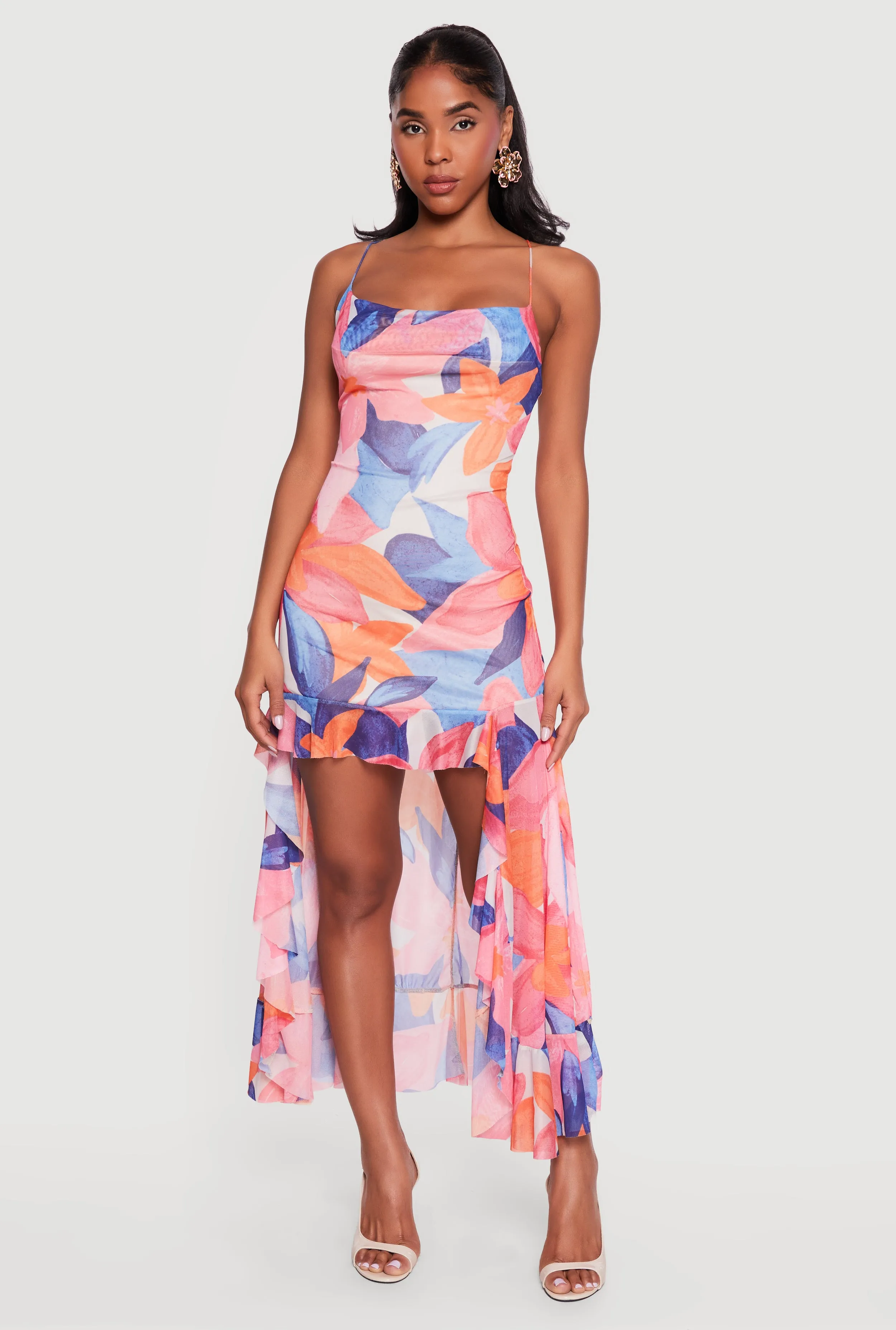 Ruffle Trim High Low Cowl Neck Dress sold by Rainbow