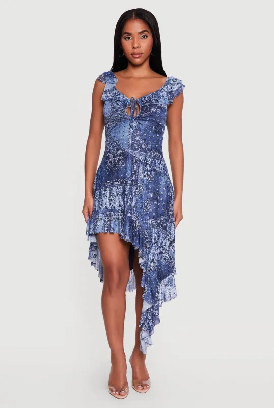 Bandana Print Mesh Tie Front Keyhole Asymmetrical Hem Dress made by Rainbow