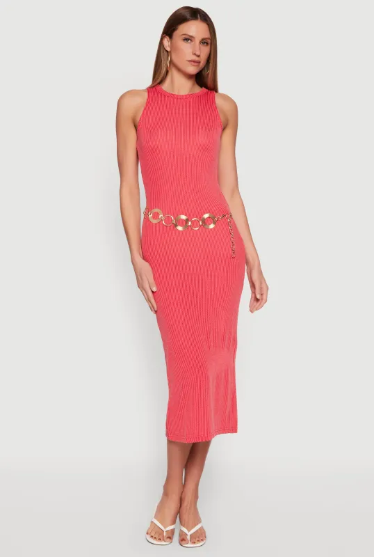 Sleeveless Back Slit Rib Knit Midi Dress made by Rainbow