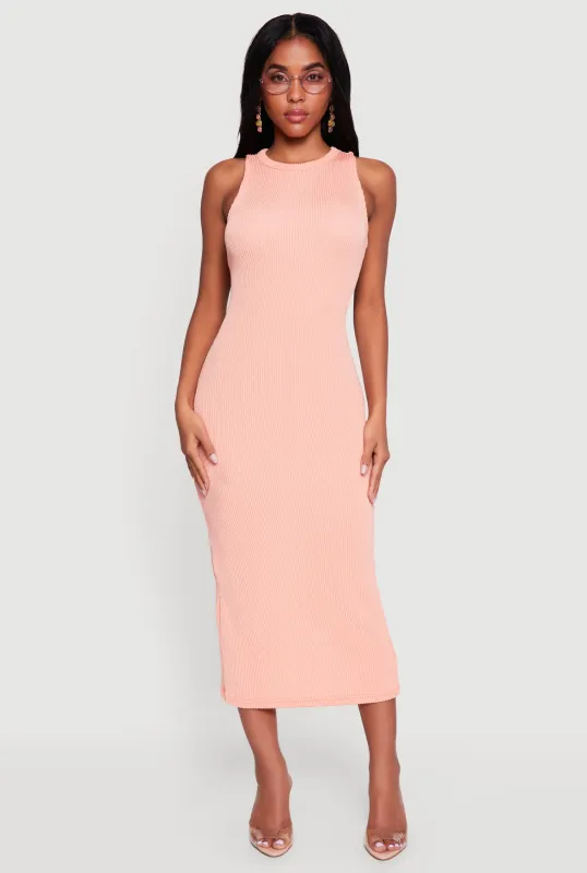 Sleeveless Back Slit Rib Knit Midi Dress made by Rainbow