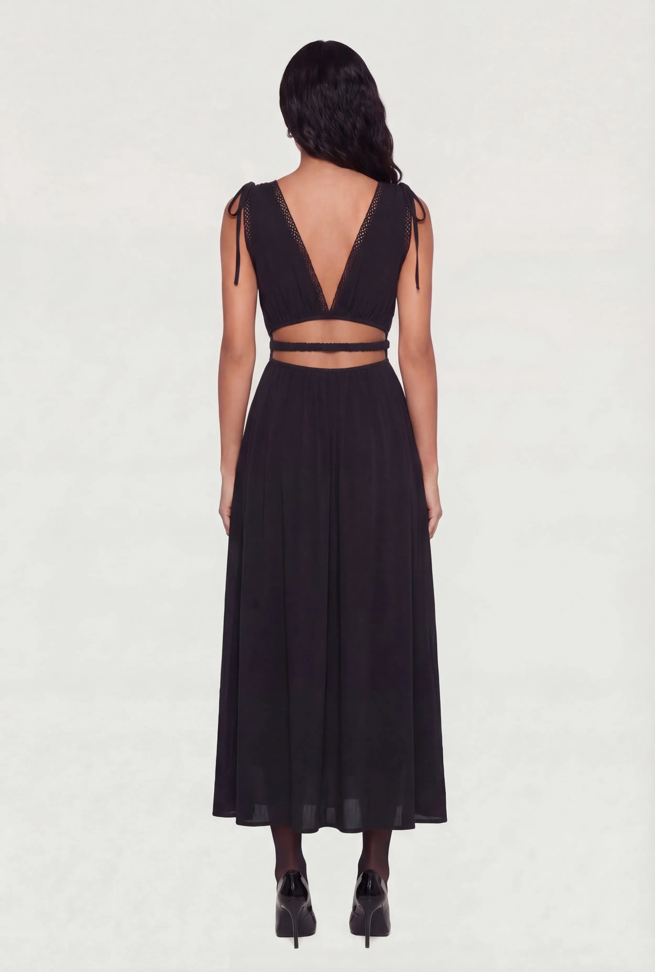 Crepe Knit Plunge Neck Drawstring Tie Shoulder Maxi Dress sold by Rainbow product image thumbnail 3