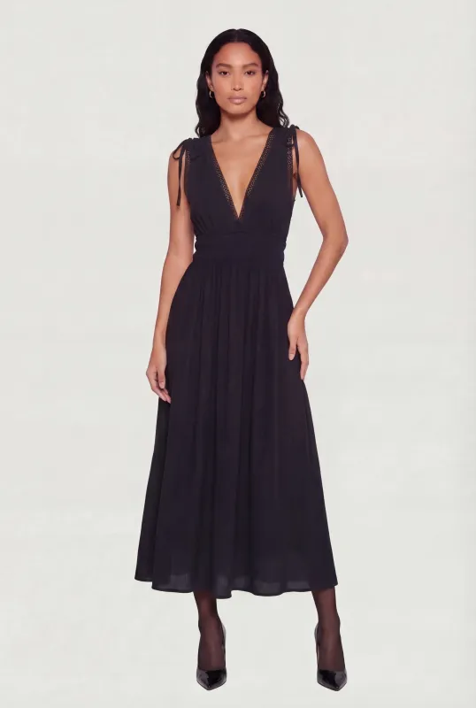 Crepe Knit Plunge Neck Drawstring Tie Shoulder Maxi Dress made by Rainbow