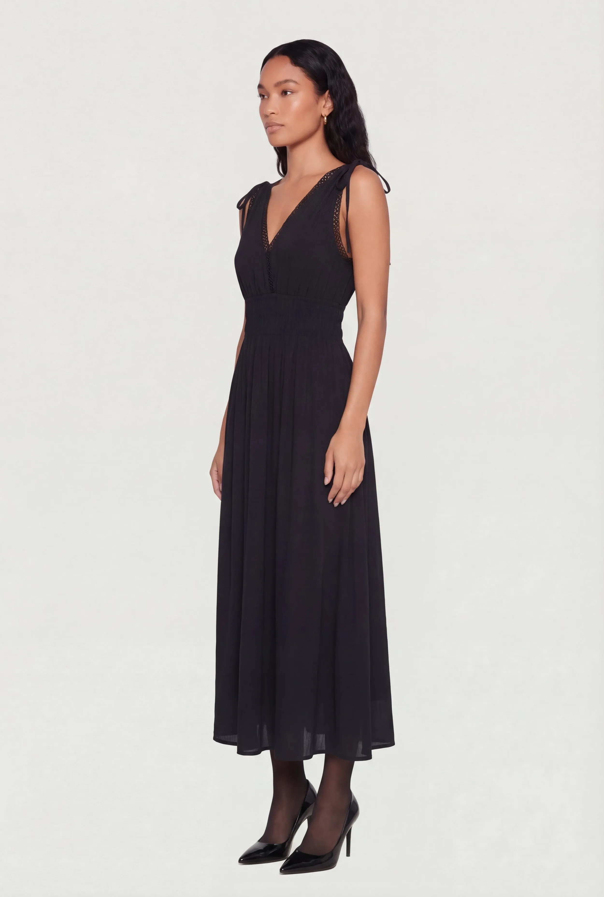 Crepe Knit Plunge Neck Drawstring Tie Shoulder Maxi Dress sold by Rainbow product image thumbnail 2