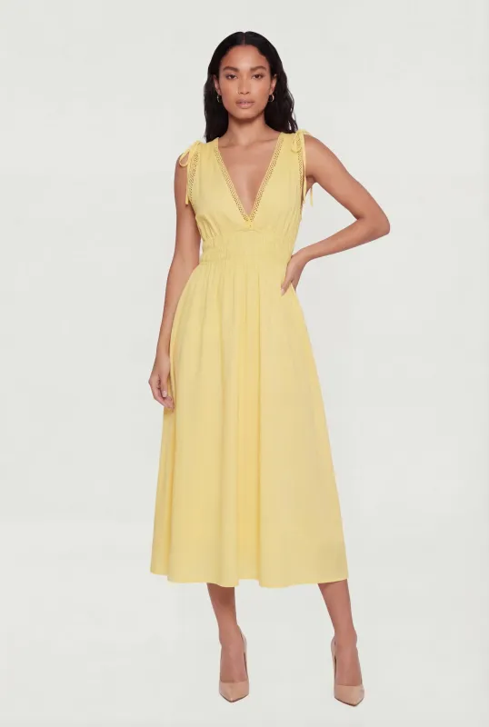 Crepe Knit Plunge Neck Drawstring Tie Shoulder Maxi Dress made by Rainbow