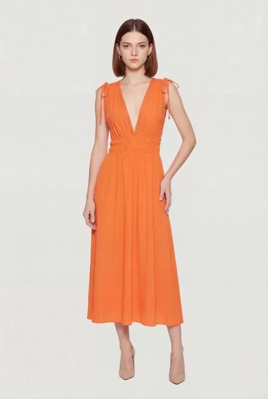 Crepe Knit Plunge Neck Drawstring Tie Shoulder Maxi Dress made by Rainbow