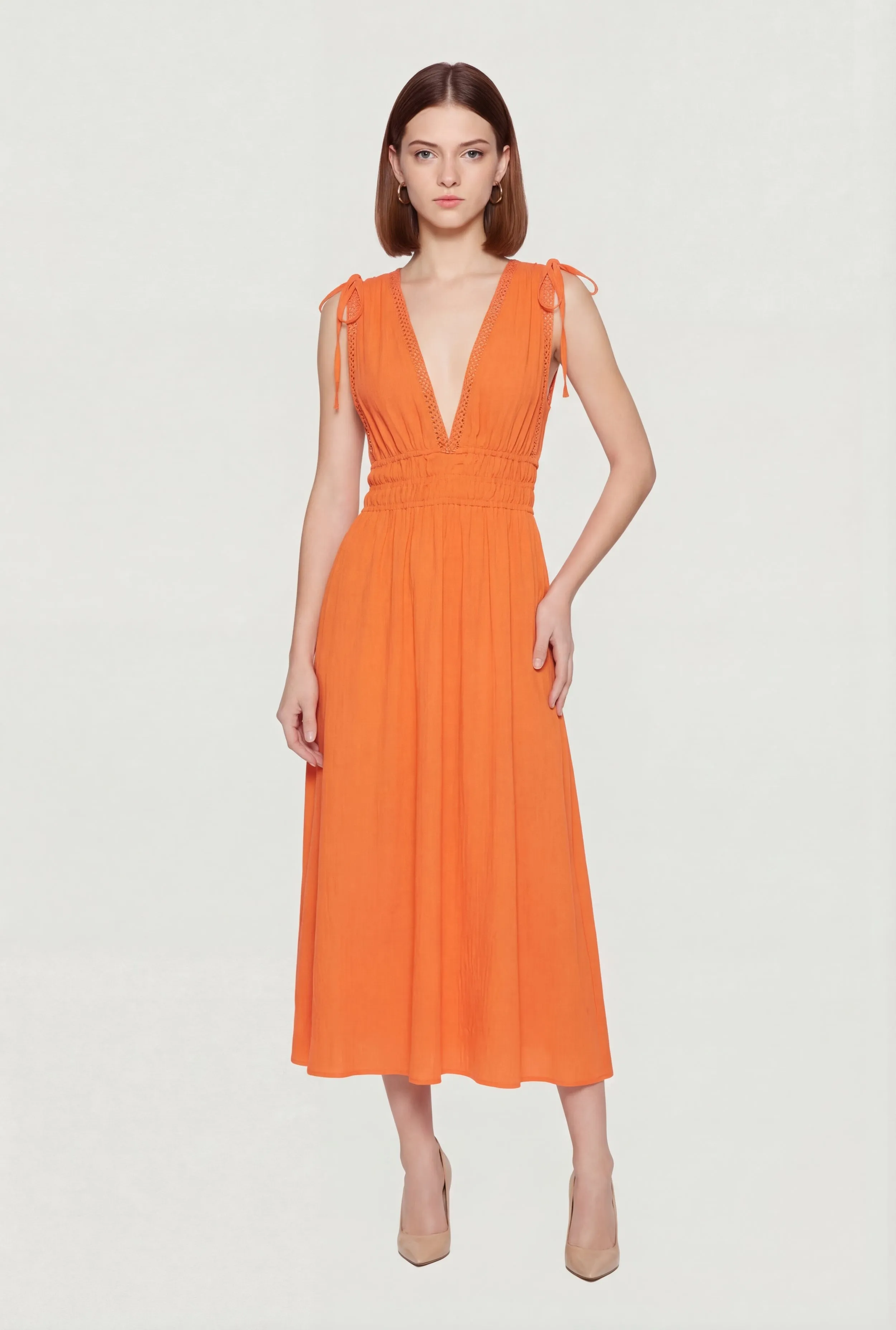 Crepe Knit Plunge Neck Drawstring Tie Shoulder Maxi Dress sold by Rainbow