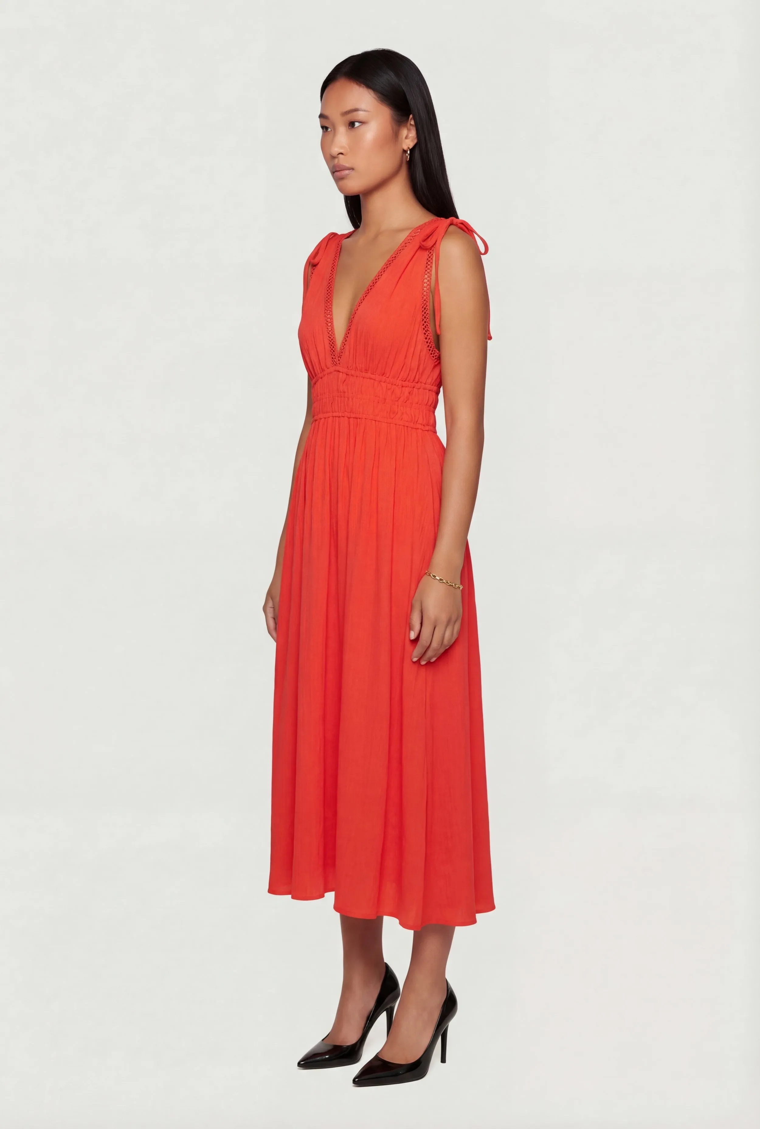 Crepe Knit Plunge Neck Drawstring Tie Shoulder Maxi Dress sold by Rainbow product image thumbnail 2