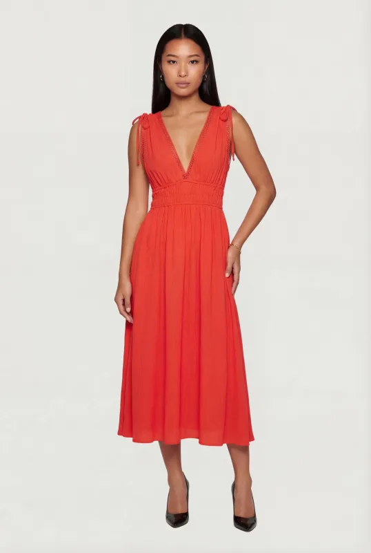 Crepe Knit Plunge Neck Drawstring Tie Shoulder Maxi Dress made by Rainbow