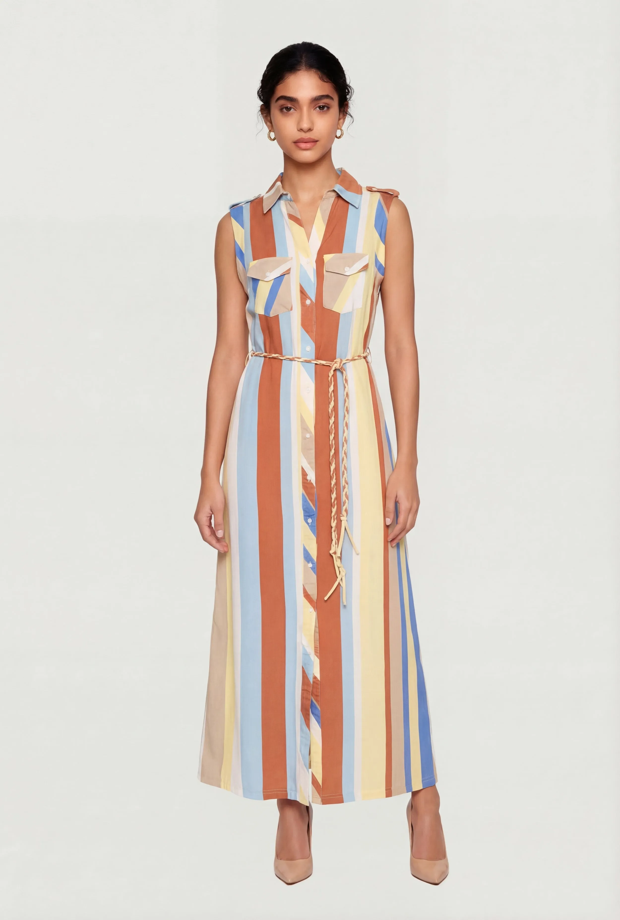 Abstract Striped Button Front Maxi Shirt Dress with Rope Belt sold by Rainbow