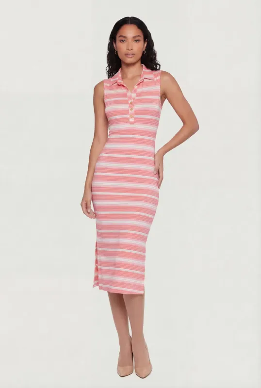 Striped Side Slit Sleeveless Polo Dress made by Rainbow