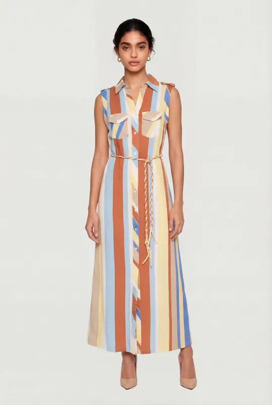 Abstract Striped Button Front Maxi Shirt Dress with Rope Belt made by Rainbow