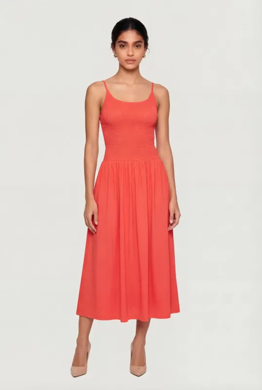 Scoop Neck Smocked Fit and Flare Midi Dress made by Rainbow