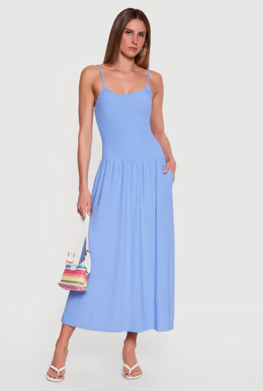 Scoop Neck Smocked Fit and Flare Midi Dress made by Rainbow