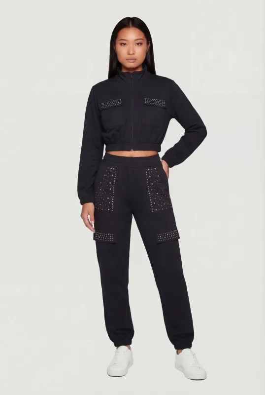 High Waisted Rhinestone Detail Joggers made by Rainbow