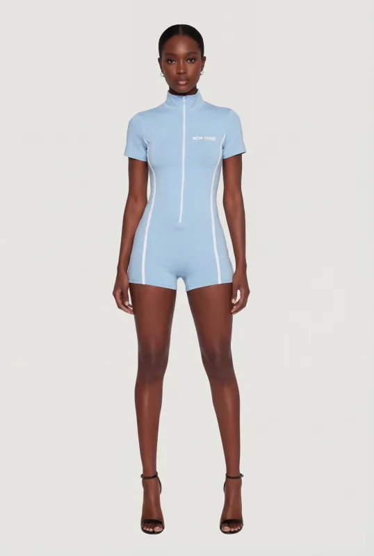 New York Graphic Mock Neck Zip Front Romper made by Rainbow