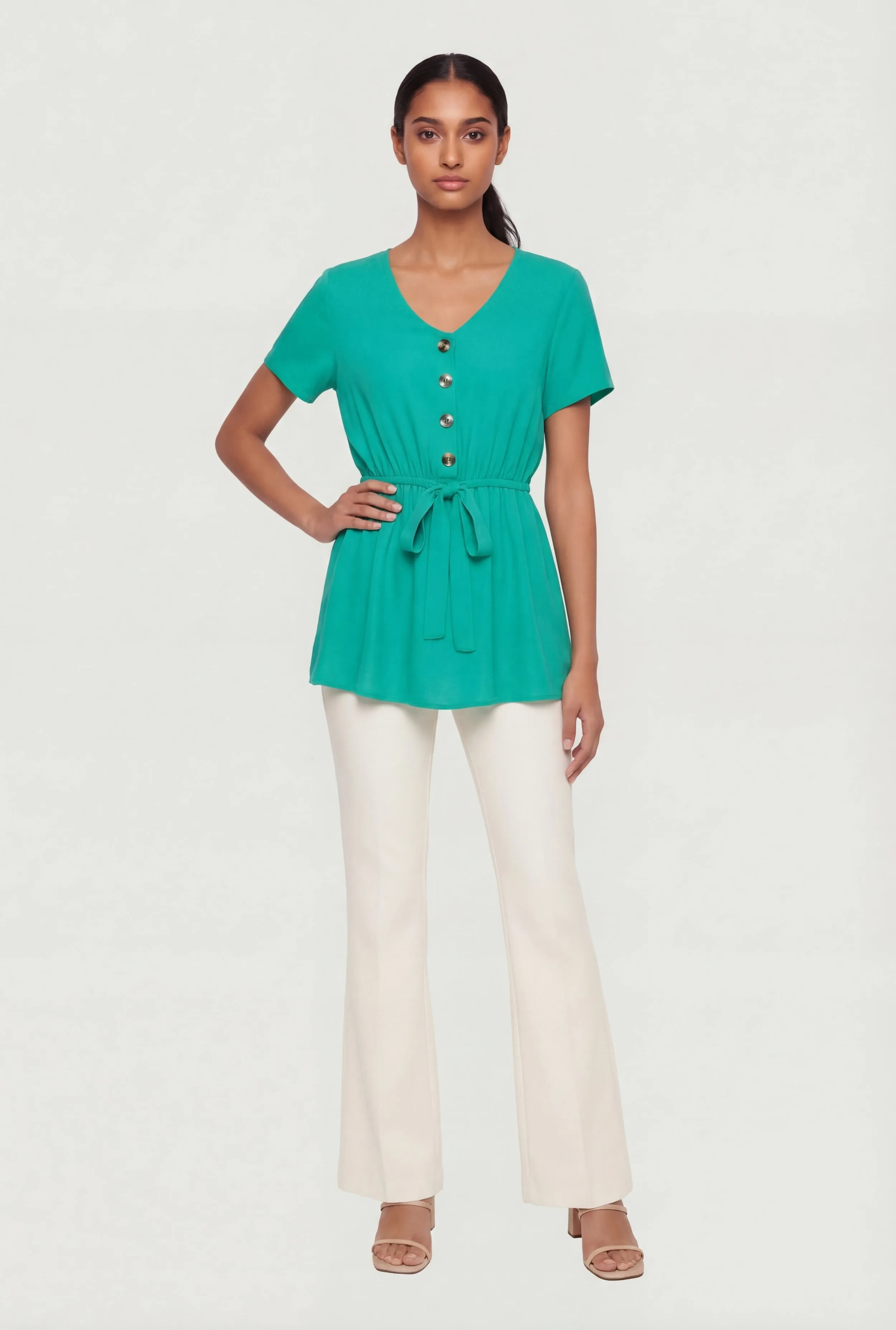 Ruched Half Button Front Short Sleeve Top sold by Rainbow product image thumbnail 3